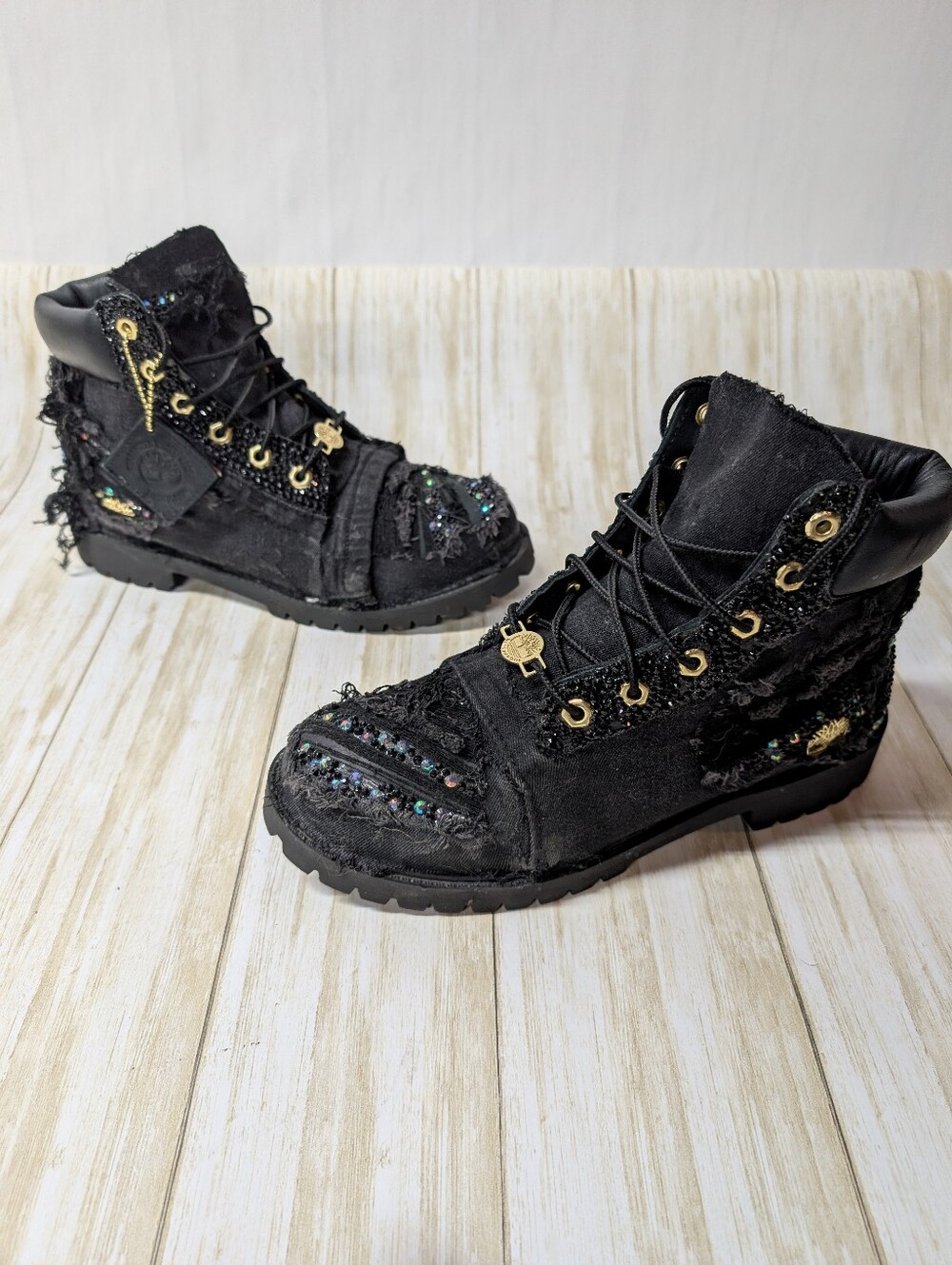 TIMBERLAND Black Leather Custom Distressed Denim Rhinestone Chelsea Sz 6.5